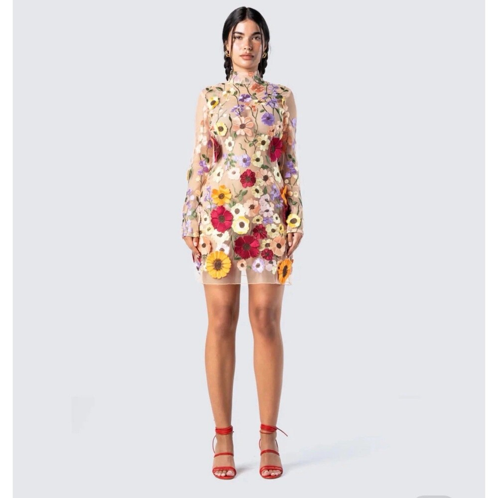Finesse Women’s Flora Flower Mini Dress Yellow Sheer Small Appliqué Keyhole